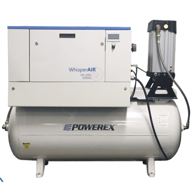 Powerex 7.5 HP Oilless Scroll Air Compressor 120 Gallon Tank 17 CFM @ 145 PSI HIGH PRESSURE| 460V, 3-Phase | STES0754-4-2-HP.  **OPTIONAL DRYER SHOWN**